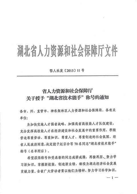 热烈祝贺宜昌长机科技公司王涛同志获湖北省技术能手荣誉称号